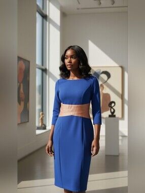 Focus By Shani Royal Blue Colorblock Sheath Dress Size 6 Peach Waist Boat Neck
